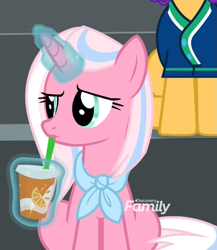 Size: 855x985 | Tagged: safe, screencap, clear sky, pony, unicorn, common ground, cropped, drinking, female, magic, magic aura, mare, neckerchief, solo focus, telekinesis