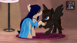 Size: 1280x720 | Tagged: safe, artist:zsnowfilez, derpibooru import, oc, oc only, oc:belladonna nightshade, oc:gamma draconis, pegasus, pony, clothes, dress, female, hoof kissing, male, mare, stallion