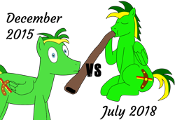 Size: 1024x699 | Tagged: safe, artist:didgereethebrony, derpibooru import, oc, oc only, oc:didgeree, didgeridoo, musical instrument, old vs new, simple background, solo, transparent background