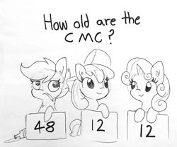 Size: 910x757 | Tagged: safe, artist:tjpones, derpibooru import, apple bloom, scootaloo, sweetie belle, earth pony, pegasus, pony, unicorn, alcohol, black and white, bottle, c:, chest fluff, cigarette, cute, cutie mark crusaders, ear fluff, eye contact, female, filly, glare, grayscale, hoof hold, looking at each other, looking at you, monochrome, one of these things is not like the others, raised eyebrow, raised hoof, sign, simple background, smiling, smoking, text, wat, white background