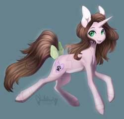 Size: 1024x989 | Tagged: safe, artist:noodlefreak88, oc, oc only, oc:cindy, pony, unicorn, bow, deviantart watermark, female, looking at you, mare, obtrusive watermark, open mouth, smiling, solo, tail bow, watermark