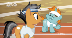 Size: 1137x603 | Tagged: safe, screencap, quibble pants, snips, earth pony, pony, unicorn, common ground, clothes, colt, discovery family logo, duo, headband, male, stallion, sweat, sweat stain, tanktop