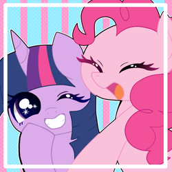 Size: 720x720 | Tagged: safe, alternate version, artist:kurona, derpibooru import, pinkie pie, twilight sparkle, earth pony, pony, cute, diapinkes, duo, eyes closed, female, mare, one eye closed, open mouth, pixiv, smiling, twiabetes