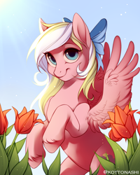 Size: 1820x2273 | Tagged: safe, artist:kottonashi, oc, oc only, oc:bay breeze, pegasus, pony, bow, cute, female, flower, hair bow, mare, rearing, spread wings, wings