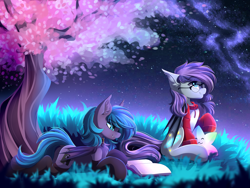 Size: 4444x3333 | Tagged: safe, artist:airiniblock, derpibooru import, oc, oc only, oc:belfry towers, bat pony, pony, bat pony oc, book, clothes, color porn, commission, duo, fangs, female, glasses, grass, mare, night, rcf community, smiling, socks, stars, sweater, tree