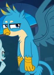 Size: 528x720 | Tagged: safe, derpibooru import, screencap, gallus, ocellus, griffon, school raze, annoyed, claws, cropped, gallus is not amused, male, offscreen character, solo, tail, wings