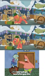 Size: 1242x2092 | Tagged: safe, derpibooru import, edited screencap, screencap, big macintosh, earth pony, pony, best gift ever, comic, hat, krusty towers, male, patrick star, rock, screencap comic, spongebob squarepants, squidward tentacles, stallion