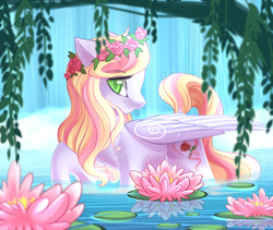 Size: 2220x1878 | Tagged: safe, artist:airiniblock, derpibooru import, oc, oc only, oc:rosely, pegasus, pony, cute, female, flower, flower in hair, looking at you, mare, rcf community, smiling, solo, tree, water, waterfall, ych result