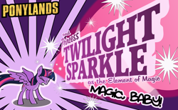 Size: 3000x1847 | Tagged: safe, artist:mrkat7214, derpibooru import, twilight sparkle, twilight sparkle (alicorn), alicorn, pony, borderlands, magic, poster, solo, sunburst background