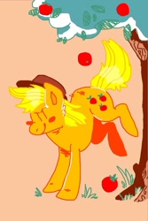 Size: 640x960 | Tagged: safe, artist:lynmunn, derpibooru import, applejack, earth pony, pony, apple, apple tree, applebucking, blush sticker, blushing, doodle, female, food, mare, simple background, solo, tree