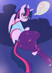 Size: 2000x2800 | Tagged: safe, artist:negasimon, derpibooru import, twilight sparkle, twilight sparkle (alicorn), alicorn, pony, semi-anthro, clothes, female, glasses, looking at you, mare, pajamas, question mark, solo, speech bubble