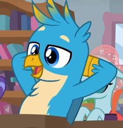 Size: 523x540 | Tagged: safe, derpibooru import, screencap, gallus, ocellus, changedling, changeling, griffon, a rockhoof and a hard place, arm behind head, cropped, cute, female, gallabetes, male, smiling