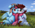 Size: 2950x2350 | Tagged: safe, artist:pridark, derpibooru import, oc, oc only, oc:aurora breeze, oc:graph travel, pegasus, pony, aviator goggles, aviator hat, blushing, clothes, female, field, flower, freckles, goggles, grass, hat, lesbian, looking at each other, mare, oc x oc, scarf, shared clothing, shared scarf, sharing, shipping, tree, vest