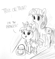 Size: 1280x1363 | Tagged: safe, artist:tjpones, derpibooru import, twilight sparkle, twilight velvet, pony, unicorn, alicorn costume, clothes, costume, cute, daaaaaaaaaaaw, fake wings, female, filly, gap teeth, halloween, holiday, hoof shoes, horn, inktober, lineart, mare, mother and child, mother and daughter, nightmare night, parent and child, pumpkin bucket, speech, tooth gap, trick or treat, twiabetes, wings