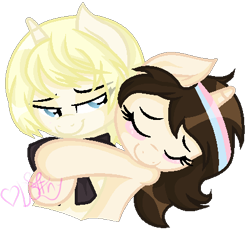 Size: 428x400 | Tagged: safe, artist:doroshll, derpibooru import, oc, oc:dorothy, pony, unicorn, alois trancy, female, hug, mare, ponified, simple background, transparent background