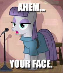 Size: 459x530 | Tagged: safe, edit, edited screencap, screencap, maud pie, the maud couple, caption, cropped, image macro, joke, oof, roasted, solo, text, your face