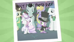 Size: 636x361 | Tagged: safe, edit, edited screencap, editor:undeadponysoldier, screencap, bruce mane, cloud kicker, fine line, maxie, orion, shooting star (character), spike, sweetie belle, dragon, earth pony, pegasus, pony, unicorn, a canterlot wedding, boyfriend and girlfriend, caption, clothes, cuit, cute, diasweetes, dress, female, filly, flower, flower in hair, hat, image macro, male, mare, photo, prom, prom night picture, shipping, spikebelle, stallion, straight, sunburst background, text, top hat, word art