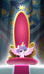 Size: 1077x1791 | Tagged: safe, princess flurry heart, alicorn, pony, evil flurry heart, foal, glowing horn, s9 throne series, sitting, smiling, smirk, spread wings, throne, throne room, wings