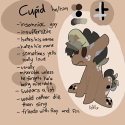 Size: 1000x1000 | Tagged: safe, artist:lynmunn, oc, oc:cupid, pony, unicorn, edgy, help me, info sheet, male, reference sheet, solo