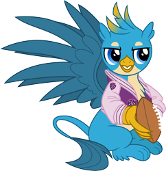 Size: 3000x3101 | Tagged: safe, artist:cloudyglow, derpibooru import, gallus, griffon, american football, male, paws, solo, sports, sports outfit, spread wings, tail, varsity jacket, vector, wings