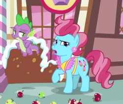 Size: 615x519 | Tagged: safe, screencap, cup cake, spike, dragon, earth pony, pony, the big mac question, cropped, duo, female, male, mare, spike is not amused, unamused, winged spike