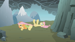 Size: 1280x720 | Tagged: safe, derpibooru import, screencap, applejack, fluttershy, earth pony, pegasus, pony, dragonshy