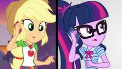 Size: 1920x1080 | Tagged: safe, derpibooru import, screencap, applejack, sci-twi, twilight sparkle, better together, equestria girls, rollercoaster of friendship, geode of super strength, geode of telekinesis, split screen