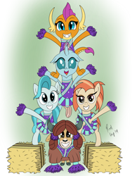 Size: 1668x2224 | Tagged: safe, artist:pixelgrip94, lighthoof, ocellus, shimmy shake, smolder, yona, 2 4 6 greaaat, cheerleader ocellus, cheerleader outfit, cheerleader smolder, cheerleader yona, clothes, digital art, hay bale, haystack, pom pom