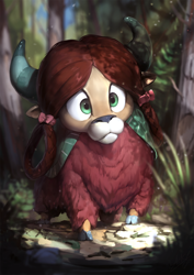 Size: 850x1200 | Tagged: safe, artist:assasinmonkey, derpibooru import, yona, yak, season 8, :3, cloven hooves, cute, female, forest, grass, looking at something, monkey swings, nature, scenery, smiling, solo, sunlight, tree, wide eyes, yonadorable