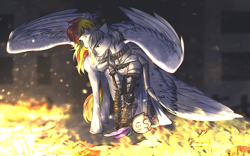 Size: 2560x1600 | Tagged: source needed, safe, daybreaker, oc, oc:light knight, pegasus, pony, duo, fahrenheit 451, fire, hug, winghug