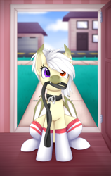 Size: 1024x1621 | Tagged: safe, artist:scarlet-spectrum, derpibooru import, oc, oc only, bat pony, pony, bat pony oc, bat wings, blurry background, clothes, collar, cute, cute little fangs, digital art, fangs, female, hair over one eye, heterochromia, house, leash, looking at you, mare, pony pet, socks, solo, white hair, white mane, white tail