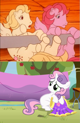 Size: 709x1078 | Tagged: safe, edit, edited screencap, screencap, heart throb, lofty, sweetie belle, pegasus, pony, unicorn, bright lights, g1, my little pony 'n friends, the show stoppers, animation error, apple, apple tree, clothes, clothes line, cropped, female, filly, five legs, foal, food, g1 to g4, generation leap, great moments in animation, literal fifth leg, mare, mousetrap, not a penis, sweetie fail, tree