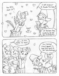 Size: 849x1100 | Tagged: safe, artist:circe, derpibooru import, applejack, rainbow dash, twilight sparkle, twilight sparkle (alicorn), alicorn, anthro, unguligrade anthro, comic:soreloser, black and white, clothes, detective, grayscale, inspector jacques clouseau, monochrome, pleated skirt, skirt, spread wings, the pink panther, traditional art, wingboner, wings