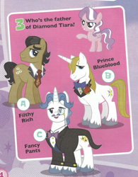 Size: 434x555 | Tagged: safe, derpibooru import, diamond tiara, fancypants, filthy rich, prince blueblood, pony, cropped, magazine scan, question