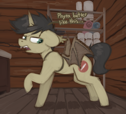 Size: 1303x1180 | Tagged: safe, artist:marsminer, derpibooru import, oc, oc only, oc:keith, pony, unicorn, clothes, costume, dialogue, fake wings, fangs, male, solo, stallion