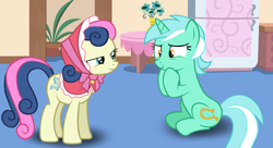 Size: 8800x4800 | Tagged: safe, artist:mundschenk85, derpibooru import, bon bon, lyra heartstrings, sweetie drops, earth pony, pony, unicorn, absurd resolution, bon bon is not amused, clothes, female, flower, mare, plant, refrigerator, table, unamused, vest