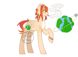 Size: 1270x935 | Tagged: safe, artist:chemicalhades, derpibooru import, oc, oc only, earth pony, pony, body freckles, freckles, magical lesbian spawn, male, offspring, parent:applejack, parent:sunset shimmer, parents:appleshimmer, raised hoof, shoulder freckles, simple background, smoking, solo, transparent background, watermark