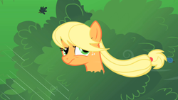 Size: 1280x720 | Tagged: safe, derpibooru import, screencap, applejack, earth pony, pony, look before you sleep, female, mare, rain, solo, windswept mane