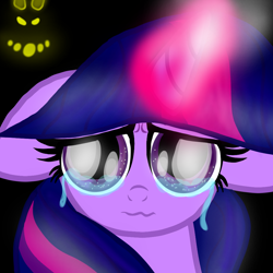 Size: 1000x1000 | Tagged: artist needed, safe, grogar, twilight sparkle, the ending of the end, crying, darkness, fear, floppy ears, magic, solo