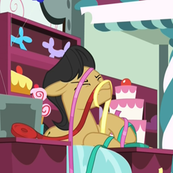Size: 1078x1079 | Tagged: safe, screencap, cherry cola, cherry fizzy, earth pony, pony, student counsel, :s, cropped, eyes closed, floppy ears, grimace, male, out of context, party shop, shop, solo, stallion, wavy mouth
