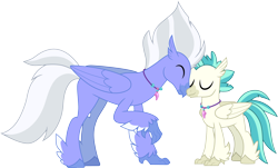 Size: 4982x3000 | Tagged: safe, artist:cloudyglow, derpibooru import, sky beak, terramar, classical hippogriff, hippogriff, surf and/or turf, .ai available, bonding, duo, eyes closed, father and child, father and son, jewelry, like father like son, male, necklace, nuzzling, parent and child, simple background, smiling, terramaww, transparent background, vector