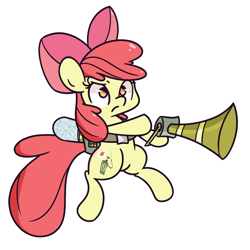 Size: 1280x1280 | Tagged: safe, artist:turtlefarminguy, derpibooru import, apple bloom, earth pony, pony, semi-anthro, bloom and gloom, alternate cutie mark, bipedal, bow, female, filly, frown, glare, hair bow, hoof hold, pest control gear, raised eyebrow, solo, twitbuster apple bloom, wat