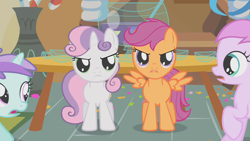 Size: 1280x720 | Tagged: safe, derpibooru import, screencap, liza doolots, petunia, piña colada, scootaloo, sweetie belle, tootsie flute, pony, call of the cutie, female, filly