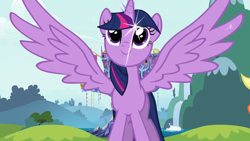 Size: 1280x720 | Tagged: safe, derpibooru import, screencap, applejack, twilight sparkle, twilight sparkle (alicorn), alicorn, earth pony, pony, intro, looking up, opening, sparkles, spread wings, theme song, twilight's castle, wings
