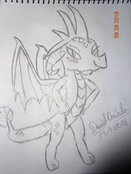 Size: 1600x2133 | Tagged: safe, artist:1987arevalo, derpibooru import, princess ember, dragon, female, hand on hip, monochrome, signature, simple background, solo, traditional art, white background