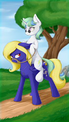 Size: 1356x2410 | Tagged: safe, artist:wolfypon, derpibooru import, oc, oc:butter cream, oc:crescent, bat pony, pony, unicorn, bat pony oc, blind, digital art, female, glasses, grass, mare, ponies riding ponies, sitting, tree