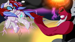 Size: 2560x1440 | Tagged: safe, artist:jimmy draws, lord tirek, oc, oc:thunder andreos, pegasus, pony, angry, cutie mark, demi-god, fight, glasses, new god of thunder, power