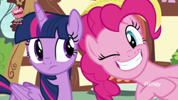 Size: 1920x1080 | Tagged: safe, derpibooru import, screencap, pinkie pie, twilight sparkle, twilight sparkle (alicorn), alicorn, earth pony, pony, the washouts (episode), discovery family logo, one eye closed, wink