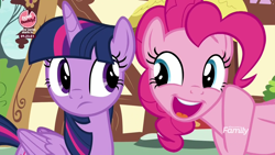 Size: 1920x1080 | Tagged: safe, derpibooru import, screencap, pinkie pie, twilight sparkle, twilight sparkle (alicorn), alicorn, earth pony, pony, the washouts (episode), discovery family logo