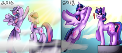 Size: 3330x1458 | Tagged: safe, artist:juliamity, derpibooru import, twilight sparkle, twilight sparkle (alicorn), unicorn twilight, alicorn, pony, unicorn, 2016, 2018, cloud, comparison, crepuscular rays, draw this again, exclamation point, flying, raised hoof, redraw, self ponidox, signature, sky